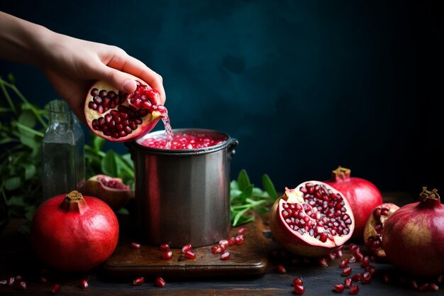 Eine Hand, die frische Granatapfel in einen Saftsauger drückt