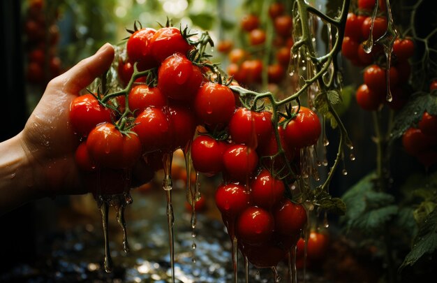 Eine Hand, die frische Tomaten aus einer Rebe in einem Garten pflückt Weitere Informationen über den Anbau von Tomaten