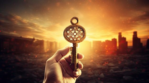 Eine Hand, die mitten in der Nacht einen Schlüssel hält, auf dem „Schlüssel“ steht.