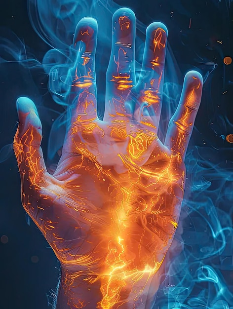 Eine Hand, die orange und blau leuchtet