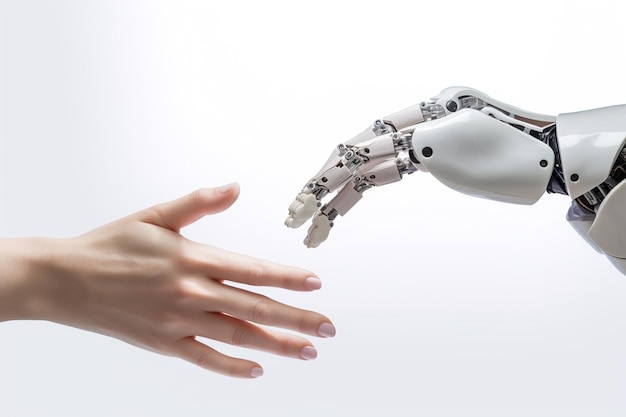 eine hand, die sich nach einer roboterhand ausstreckt, digitale transformation der künstlichen intelligenz
