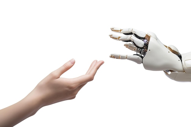 eine hand, die sich nach einer roboterhand ausstreckt, digitale transformation der künstlichen intelligenz