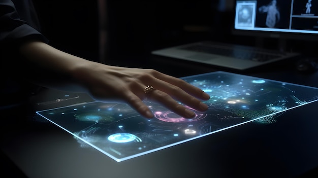 Eine Hand drückt eine Glaskugel auf einem Touchscreen