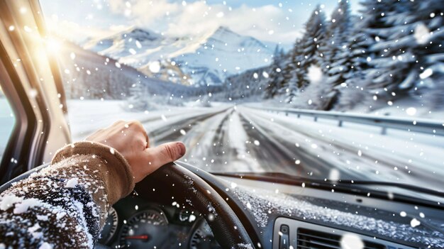 Foto eine hand einer person ist auf einem lenkrad im schnee