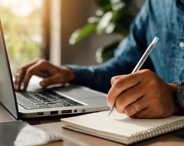 eine Hand eines Mannes, der Notizen in ein Notizbuch schreibt, während er gleichzeitig auf einem Laptop im Internet surft
