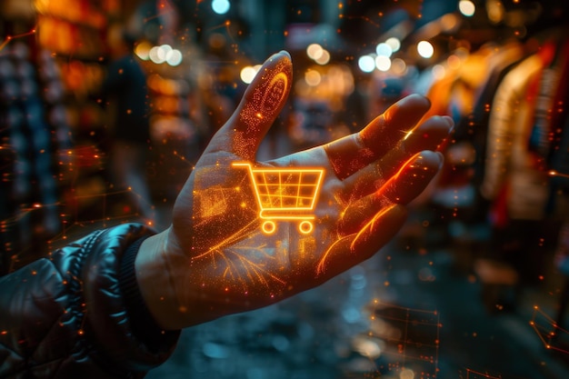 Eine Hand eines Mannes hält ein Hologramm eines Einkaufswagens das Konzept der Internettechnologie mobiles Online-Shopping