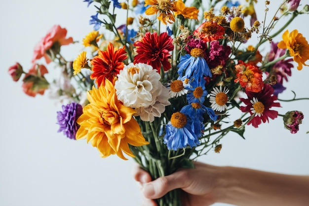 Eine Hand eines Mannes hält einen schönen Blumenstrauß auf einem weißen Hintergrund