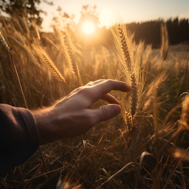 Eine Hand greift in ein Weizenfeld