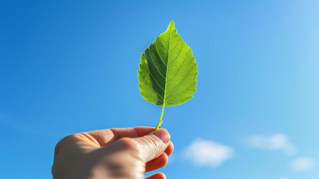 Eine Hand hält ein einziges grünes Blatt gegen einen hellen blauen Himmel, der die natürliche Schönheit des