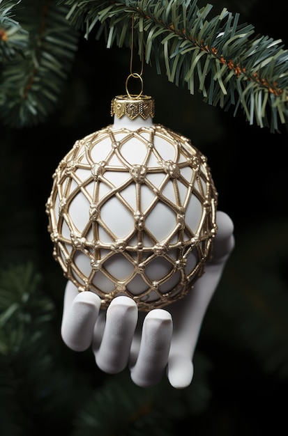 Foto eine hand hält ein elegantes weihnachtsschmuckstück, das an einem baum hängt und den geist des feiertags vermittelt