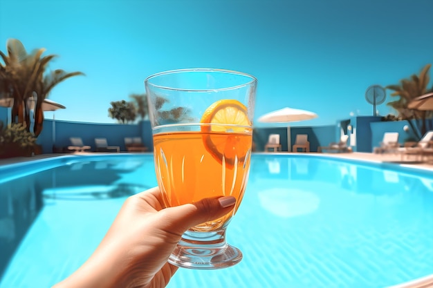 Eine Hand hält ein Glas Orangensaft vor einem Pool.