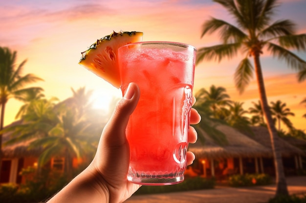 Eine Hand hält ein Glas Wassermelonensaft vor einem lebendigen Sommersonnenuntergang