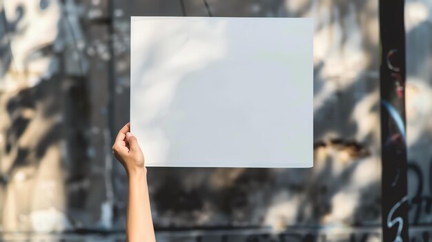 Eine Hand hält ein leeres Schild vor einer Ziegelsteinmauer Das Schild wird von einer Person gehalten, deren Arm nicht sichtbar ist