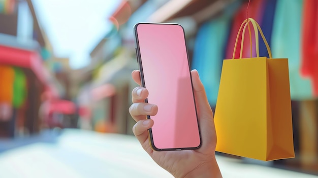Foto eine hand hält ein rosa telefon mit einem leeren bildschirm vor einem verschwommenen hintergrund einer einkaufsstraße