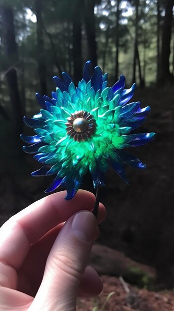 Foto eine hand hält eine blaue blume mit einer perle drauf.