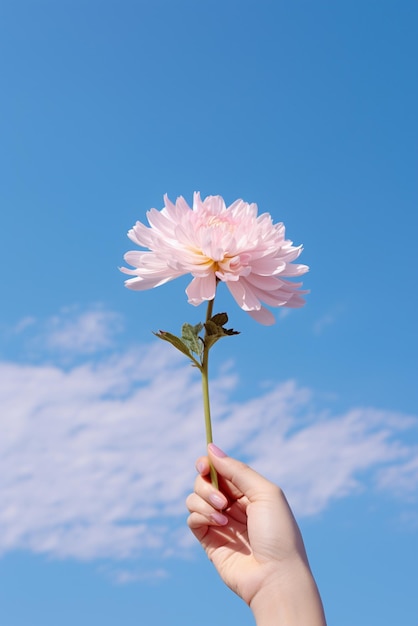 Eine Hand hält eine Blume, isoliert auf dem Himmel.