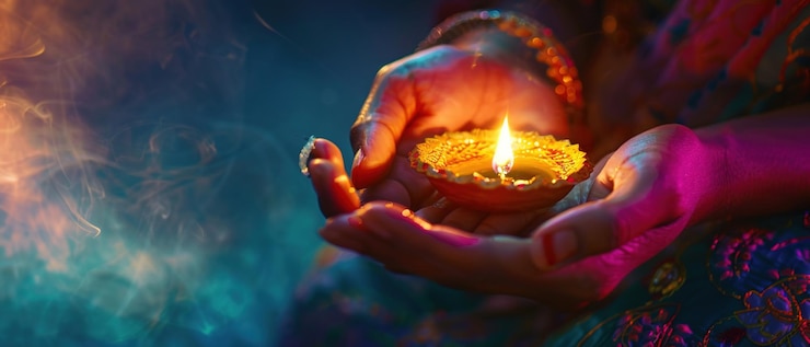 Foto eine hand hält eine diya in der handfläche auf diwali-hintergrund generative ai