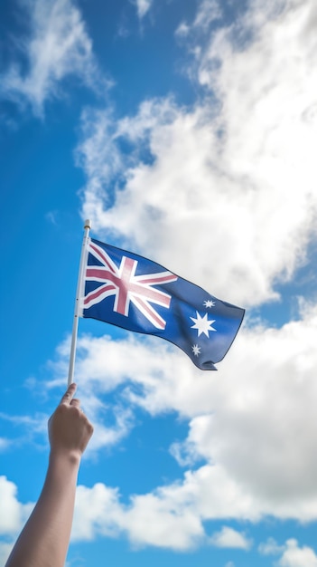 Eine Hand hält eine Flagge, auf der „Australien“ steht.