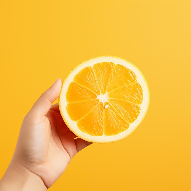 Eine Hand hält eine frische Orange, die auf einem gelben Hintergrund isoliert ist