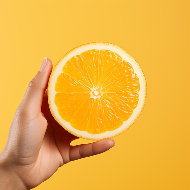 Eine Hand hält eine frische Orangenscheibe, die auf einem gelben Hintergrund isoliert ist