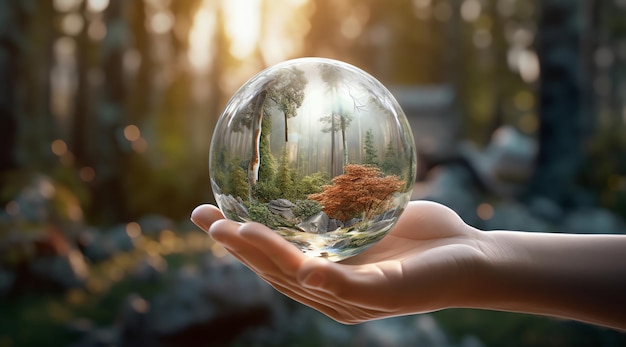 Eine Hand hält eine Glaskugel mit einer Waldszene im Hintergrund