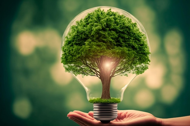 Eine Hand hält eine Glühbirne mit einem Miniaturbaum im Inneren, der Energieeinsparung und Nachhaltigkeit symbolisiert Generative KI