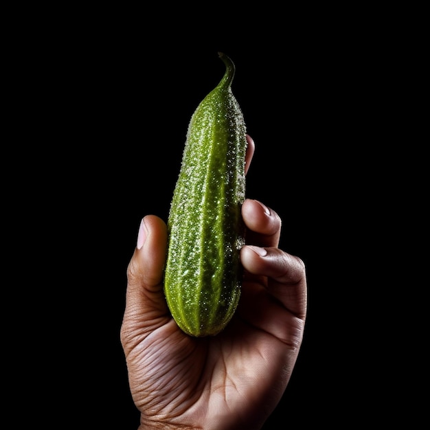 Eine Hand hält eine grüne Gurke mit schwarzem Hintergrund.