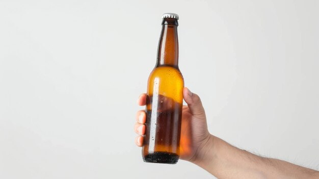 Eine Hand hält eine kalte Bierflasche mit einer regenfarbenen Oberfläche gegen einen minimalistischen Hintergrund