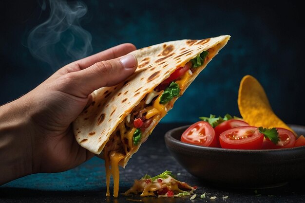 Eine Hand hält eine Quesadilla mit einem