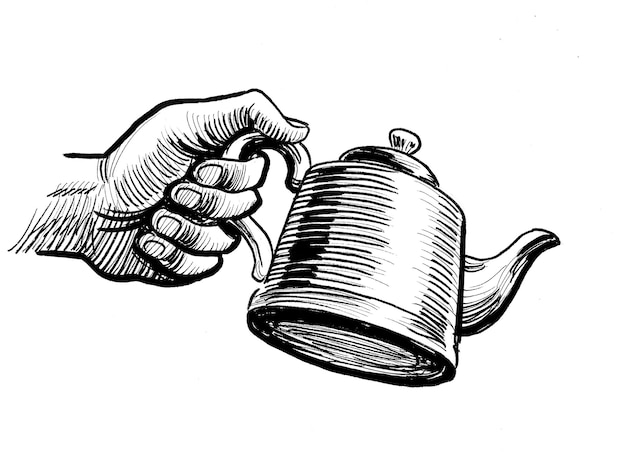 Eine Hand hält eine Teekanne mit dem Wort Tee darauf