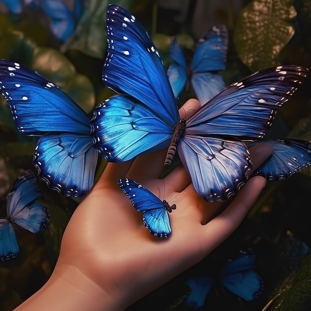 Eine Hand hält einen blauen Schmetterling, auf dem „Schmetterlingsflügel“ steht