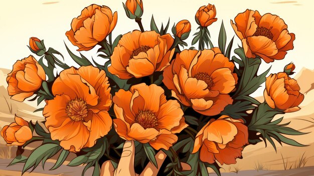 Eine Hand hält einen Bündel orangefarbene Blumen in der Wüste