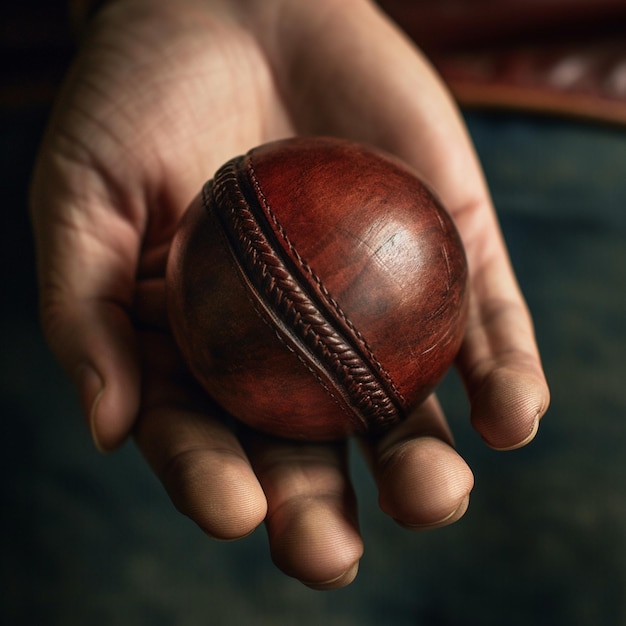 Eine Hand hält einen Cricketball mit der Naht auf der Vorderseite.