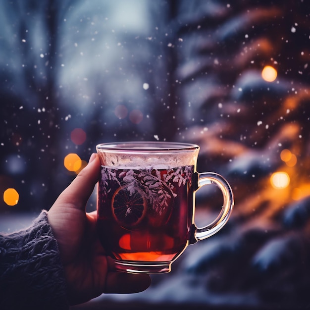 Foto eine hand hält einen dampfenden becher glühwein oder cider im freien mit sichtbaren schneeflocken