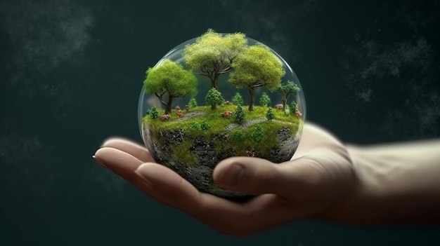 Eine Hand hält einen Globus mit einem Wald darin.
