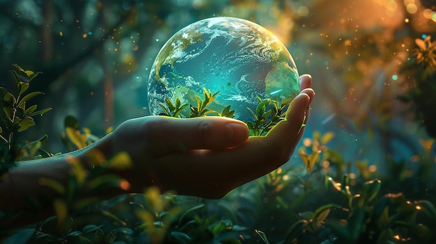 Eine Hand hält einen Globus mit grünen Blättern um ihn herum Konzept des Umweltschutzes und der Wichtigkeit, sich um den Planeten zu kümmern