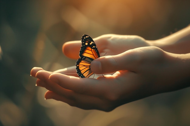 Eine Hand hält einen Schmetterling mit ausgebreiteten Flügeln