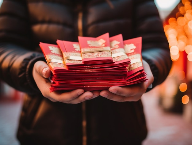 eine Hand hält einen Stapel lebendiger roter und goldener chinesischer Neujahrsumschläge vor einem festlichen Hintergrund, der Reichtum und Wohlstand symbolisiert.