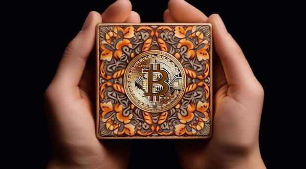 Eine Hand hält einen Würfel mit Bitcoin-Logo