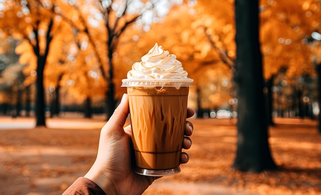 Eine Hand hält im Herbst einen Kürbis-Latte im Park