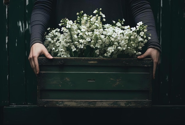 Eine Hand hält weiße Blumen vor einem dunklen Holzbehälter im Stil von Grün und Smaragd