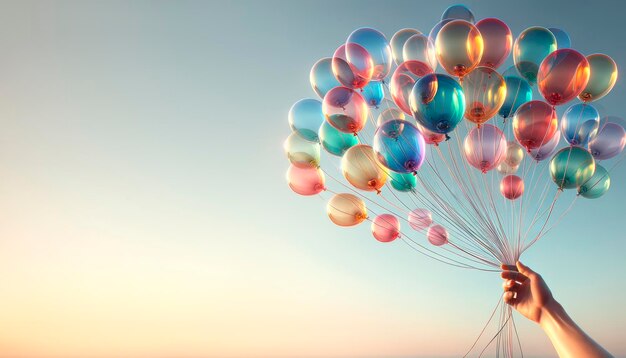 Foto eine hand hebt einen haufen reflektierender ballons in den ruhigen himmel. feierliche stimmung. generative ki.