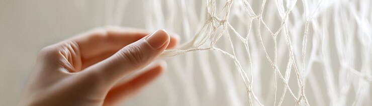 Eine Hand im Umgang mit einem zarten weißen Netz
