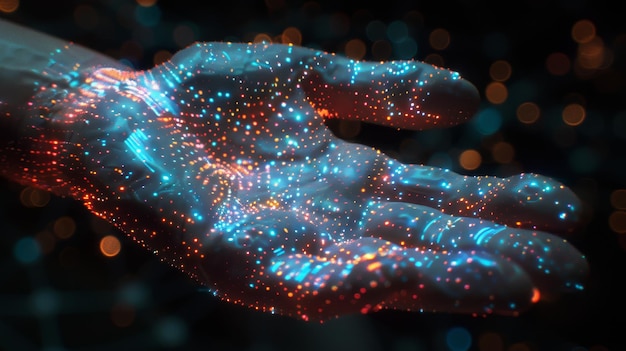 Eine Hand mit blauem und orangefarbenem Glanz