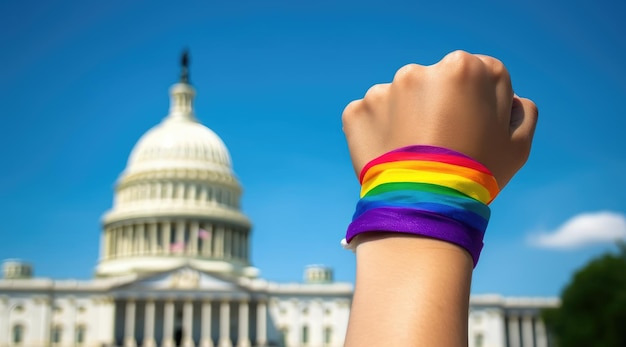 Eine Hand mit einem Regenbogenarmband hält ein Regenbogen-Pride-Armband.