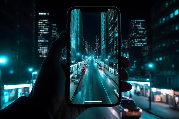 Eine Hand mit einem Telefon fotografiert eine japanische Stadt. Ein neuronales Netzwerk, das von der KI generiert wurde