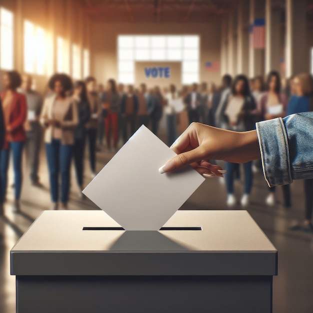 Eine Hand steckt ein Stück Papier in eine Wahlurne Wahlkonzept Bürger wählen gewinnt in der Demokratie