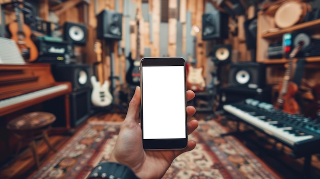 Eine Hand zeigt ein Smartphone mit einem leeren Bildschirm in einem gemütlichen Musikstudio, umgeben von Gitarren, Tastaturen und Tongeräten