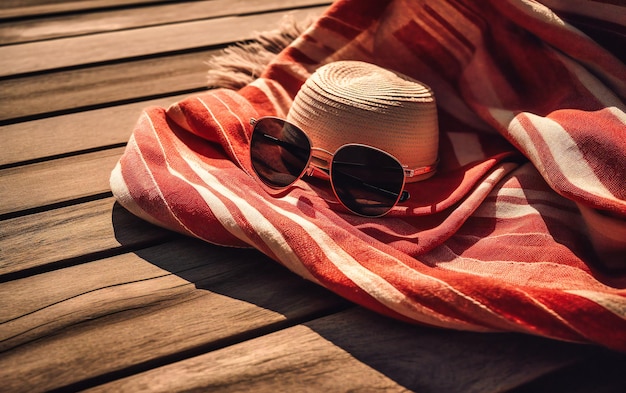 Eine Handtuch-Sonnenbrille und ein Hut am Strand im Sommer