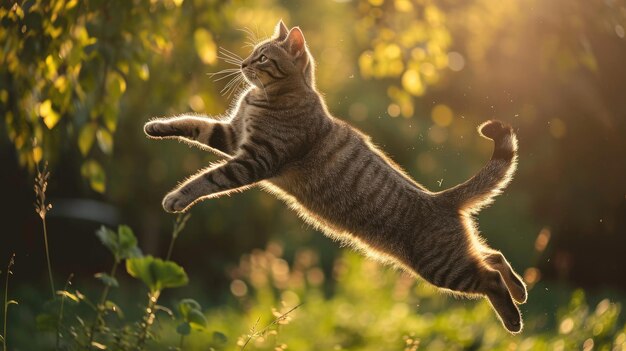 Foto eine hauskatze springt mit spielerischer begeisterung energisch in die luft